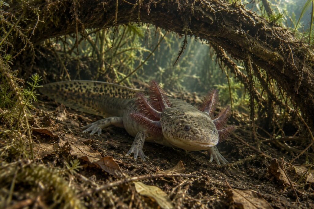 À l’abri d’une arche de racines, l’axolotl sauvage repose sur le limon