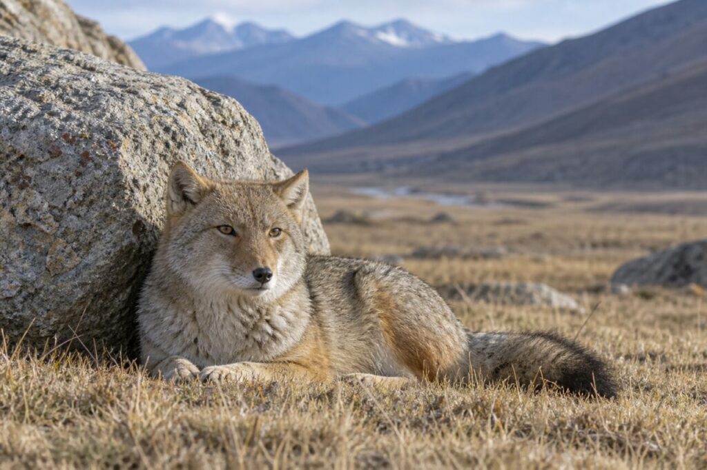 À l’abri du bloc de granit, renard du Tibet couché dans l’herbe rase