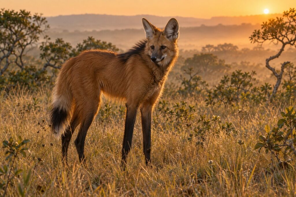 À l’aube — loup à crinière (Chrysocyon brachyurus) dans les herbes dorées du cerrado