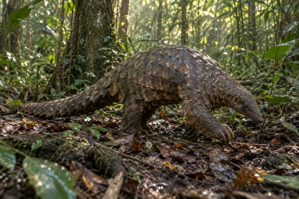 À l’aube — pangolin géant (Smutsia gigantea) sur le sol humide d’une forêt ougandaise