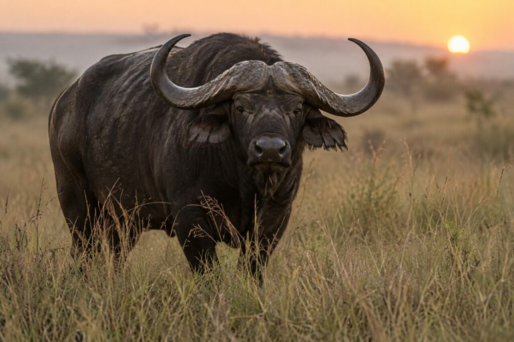À l’aube, African buffalo dans l’eau calme