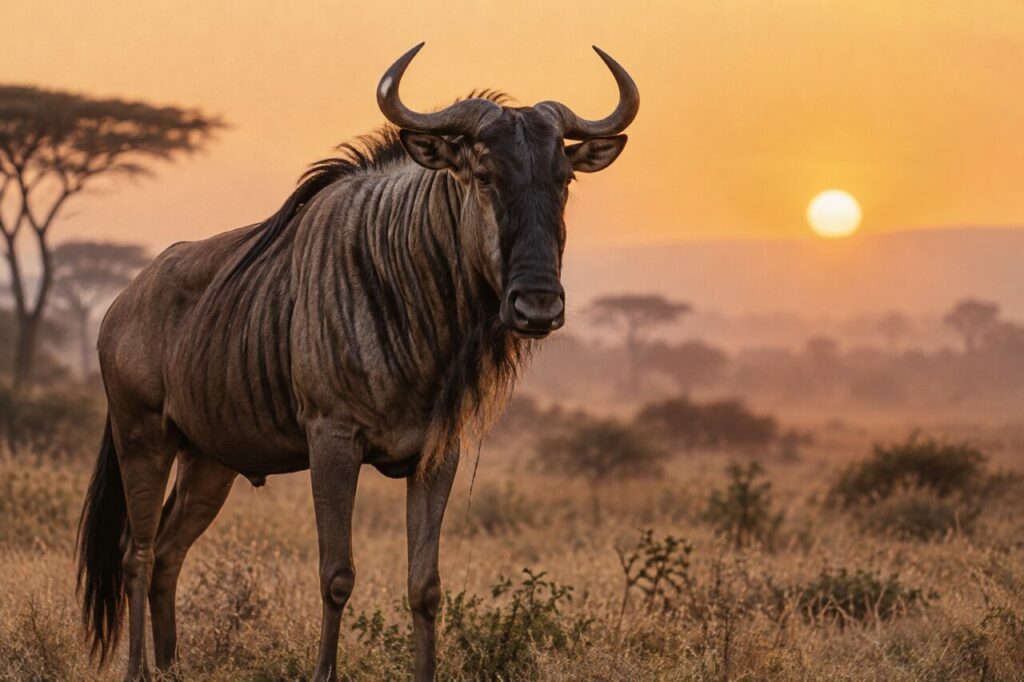 À l’aube, blue wildebeest dans l’eau calme