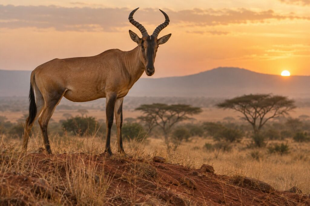 À l’aube, bubale commun sur une crête de savane