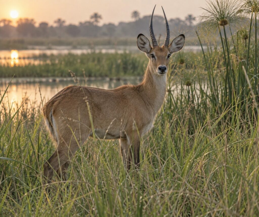 À l’aube, cobe des roseaux dans les herbes du marais