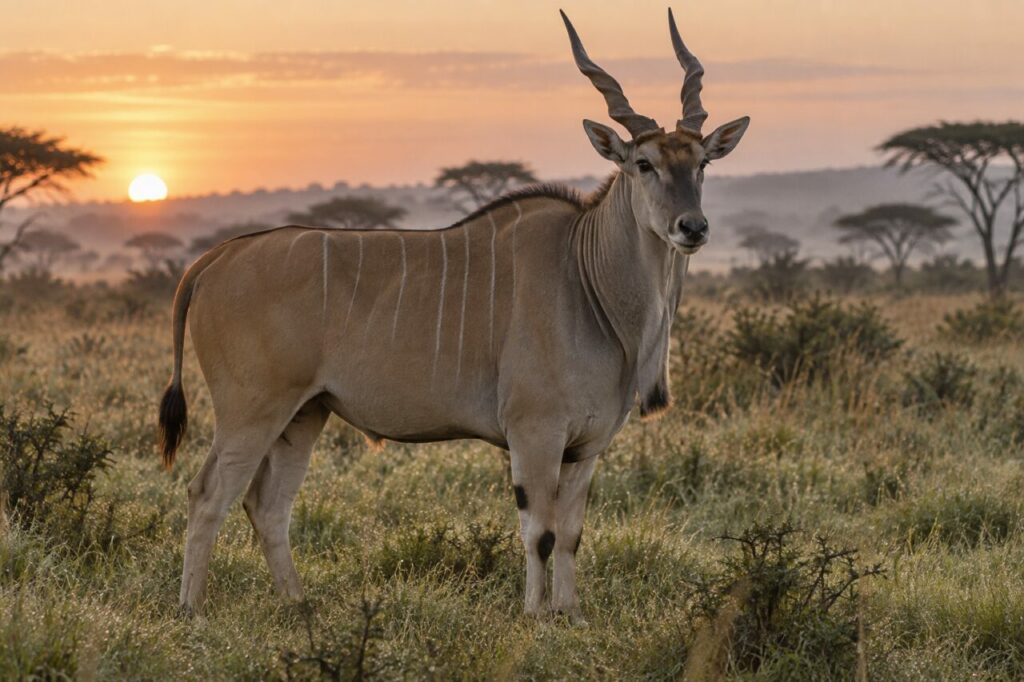 À l’aube, éland commun dans la savane ouverte