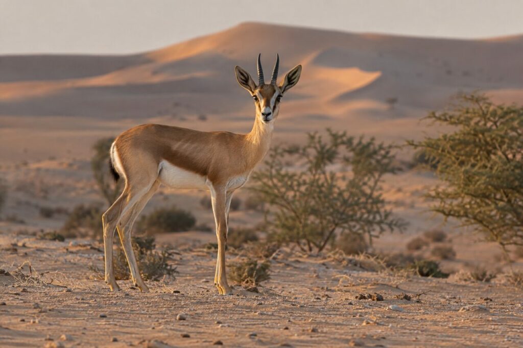 À l’aube, gazelle dorcas sur le sable pâle