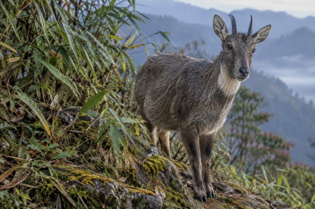 À l’aube, goral de Chine près des bambous