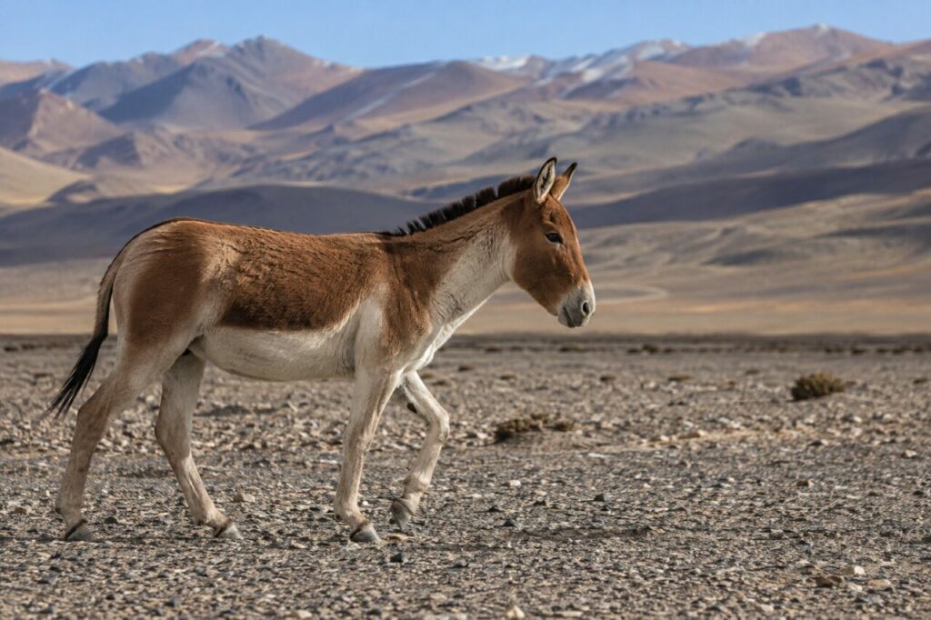 À l’aube, kiang du Tibet sur une plaine minérale