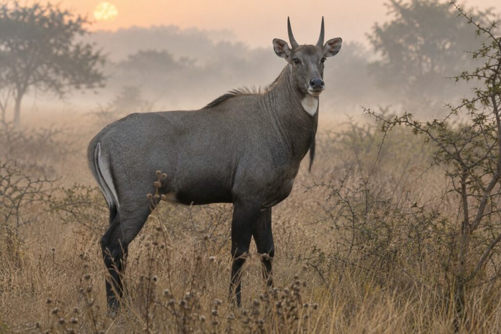 À l’aube, nilgai gris bleu dans la savane sèche