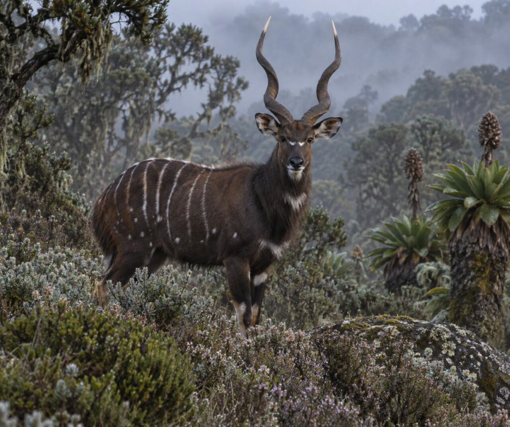 À l’aube, nyala de montagne dans la brume des hauts plateaux