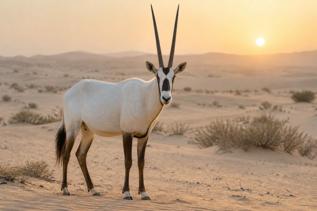 À l’aube, oryx arabe sur la plaine rocheuse