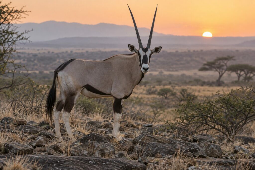 À l’aube, oryx beisa sur la plaine rocheuse