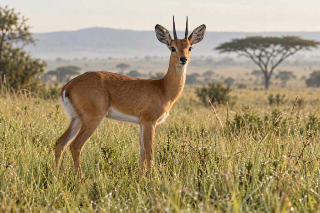 À l’aube, ourébi dans la savane humide