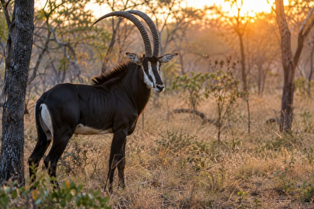 À l’aube, sable antelope dans l’eau calme
