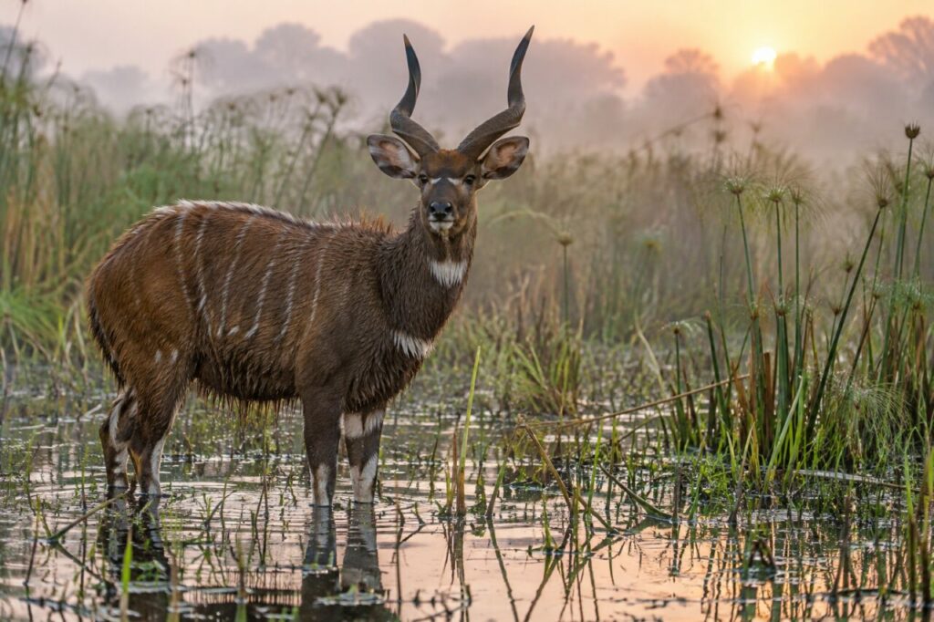 À l’aube, sitatunga dans l’eau calme