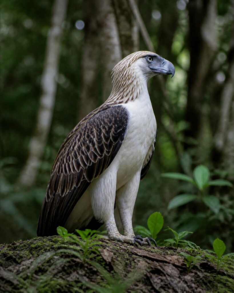 Aquila ferma sul tronco, ali ripiegate contro i fianchi — Aquila delle Filippine
