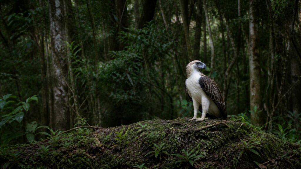 Rapace solitario posato sotto foglie scure — Aquila delle Filippine