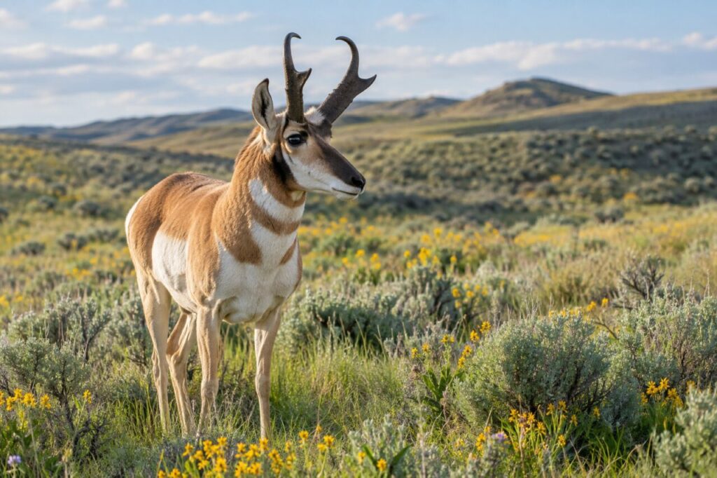 Antilocapra das pradarias — near spring wildflowers and low hills