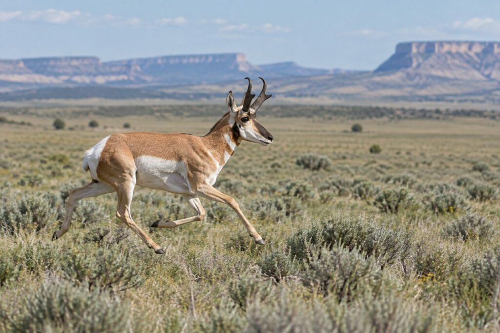 Antilocapra das pradarias — running across a sagebrush plain