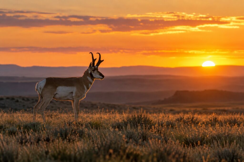 Antilocapra das pradarias — silhouetted at sunset on the prairie
