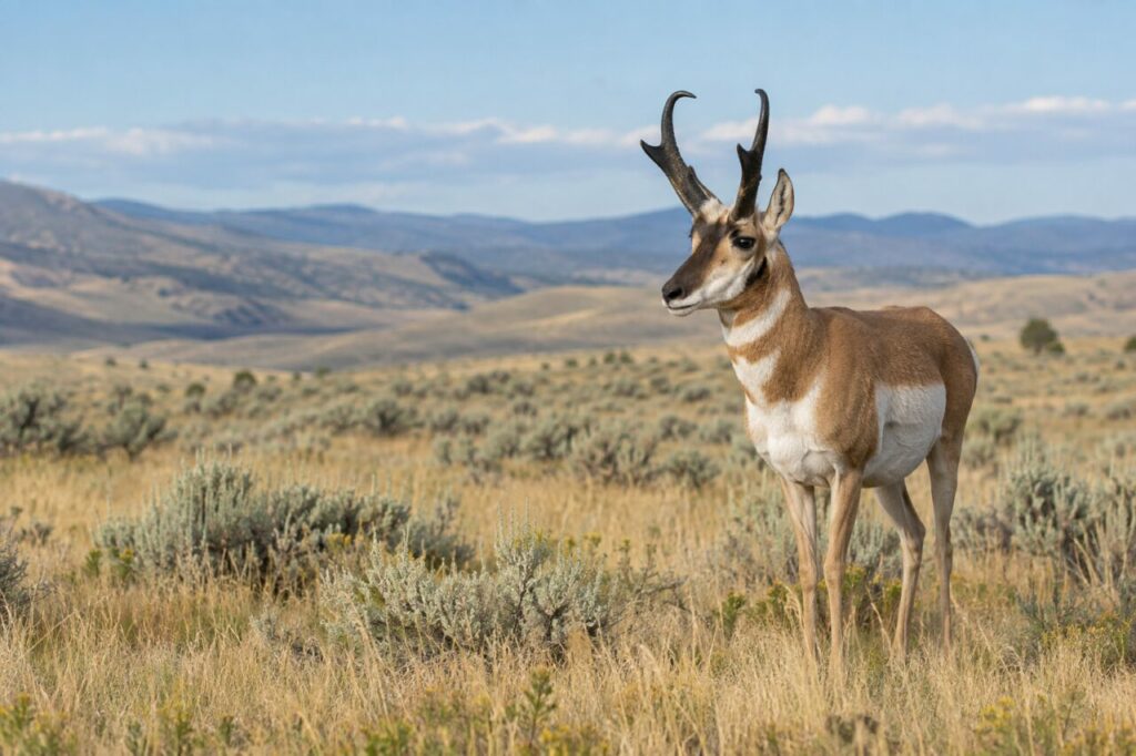 Antilocapra das pradarias — standing in open prairie grass