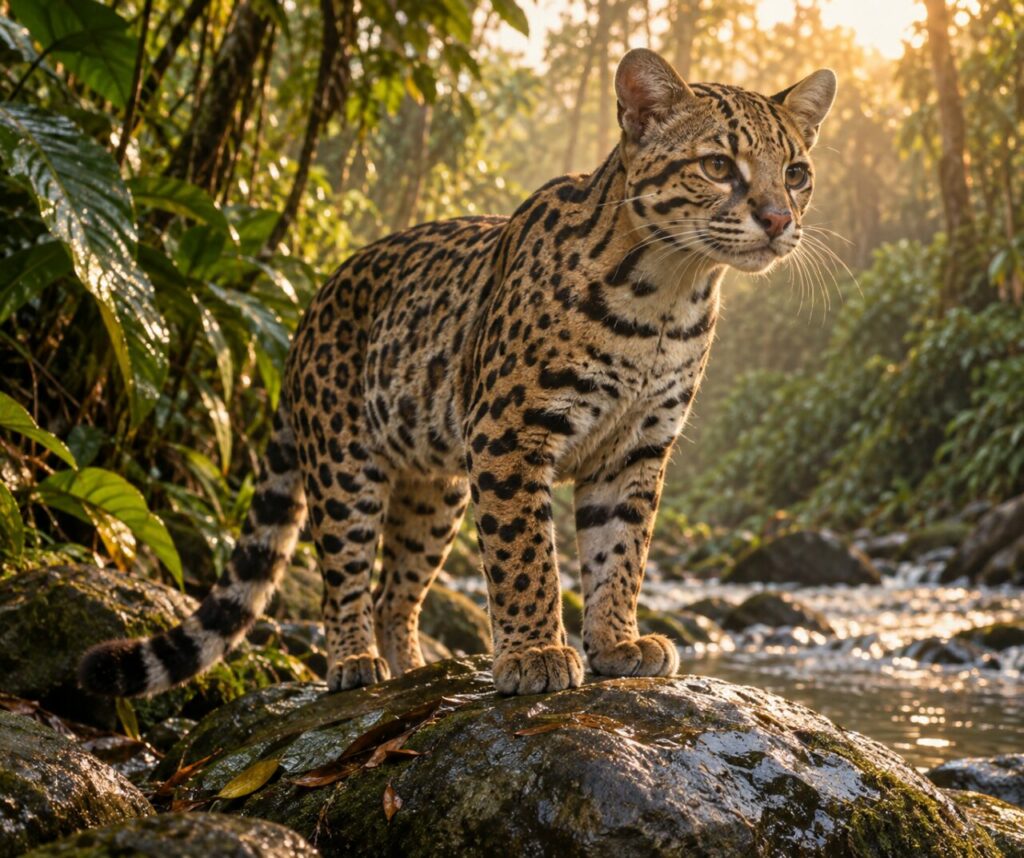 Après la pluie — ocelot (Leopardus pardalis) debout sur une pierre lisse au bord de l’eau