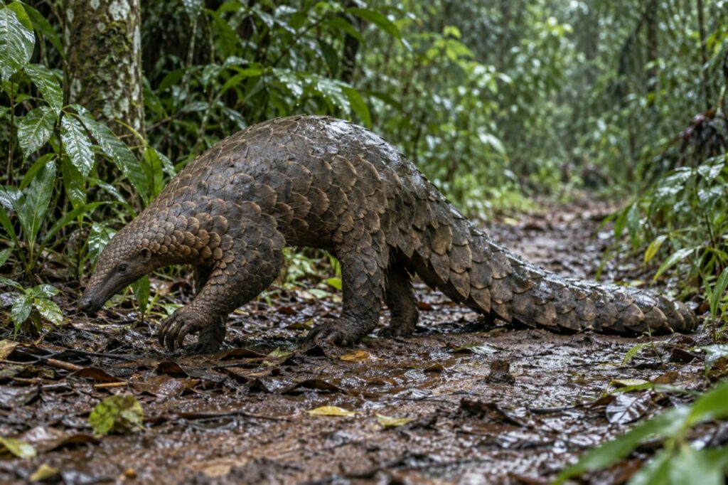 Sentier après l’averse — pangolin géant (Smutsia gigantea) avançant parmi les feuillages mouillés