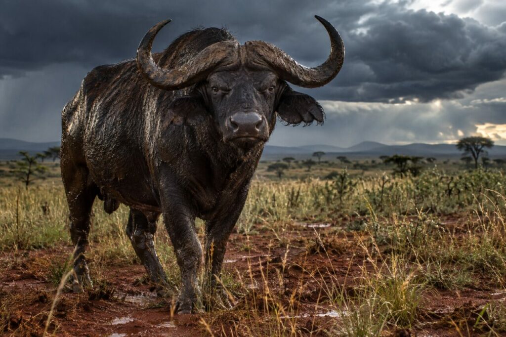 Après la pluie, African buffalo sur la berge boueuse