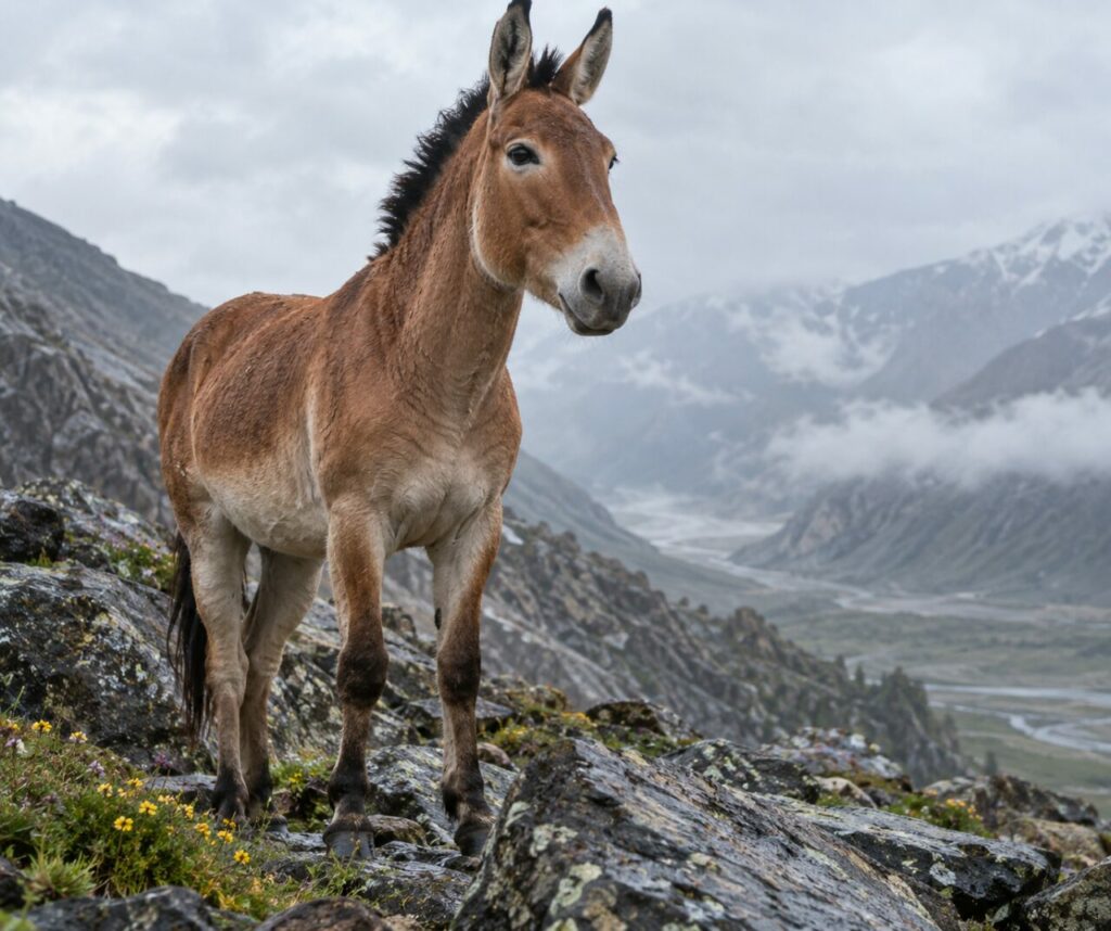 Après la pluie, kiang du Tibet sur une crête rocheuse
