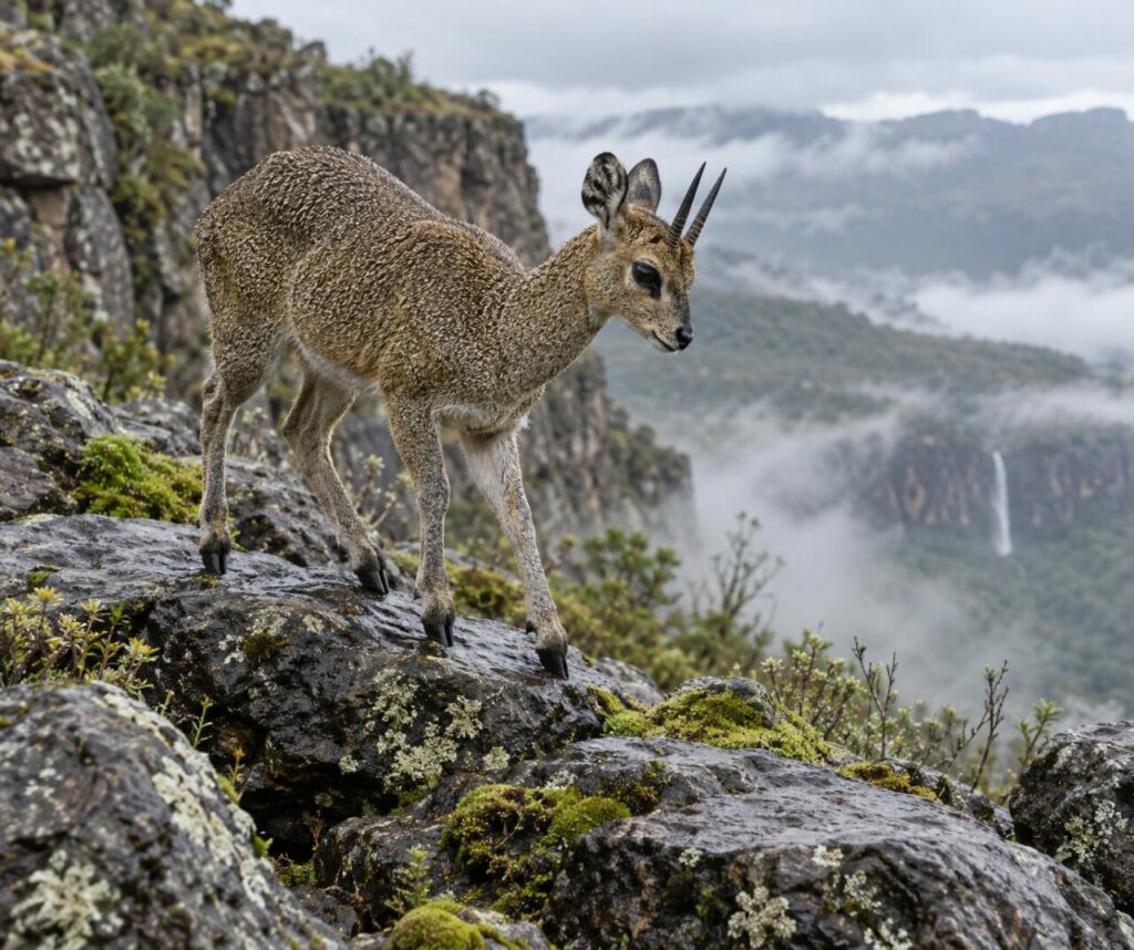 Après la pluie, klipspringer sur les basaltes sombres