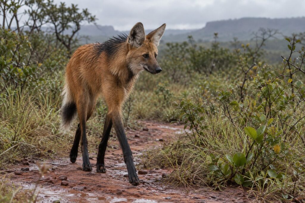 Après l’averse — loup à crinière (Chrysocyon brachyurus) sur un chemin de terre rouge du cerrado