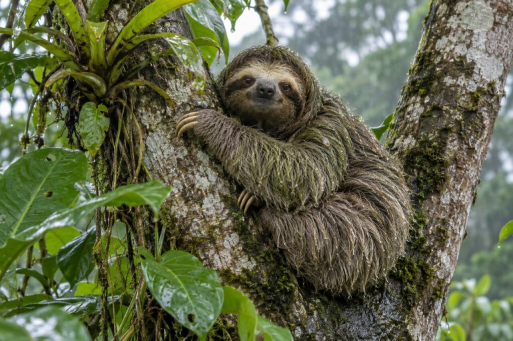 Fourche humide — paresseux à gorge brune (Bradypus variegatus) couvert de gouttes après l’averse