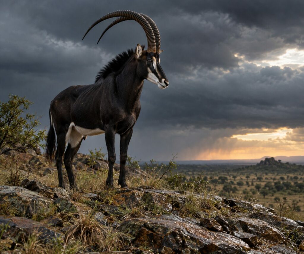 Après la pluie, sable antelope sur la berge boueuse