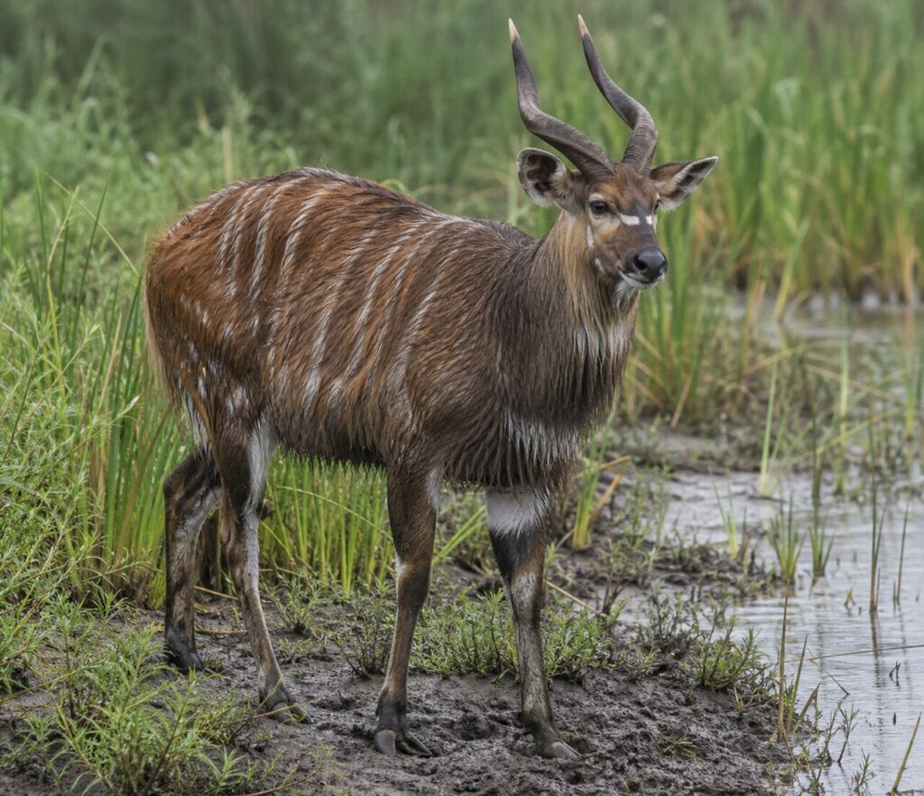 Après la pluie, sitatunga sur la berge boueuse