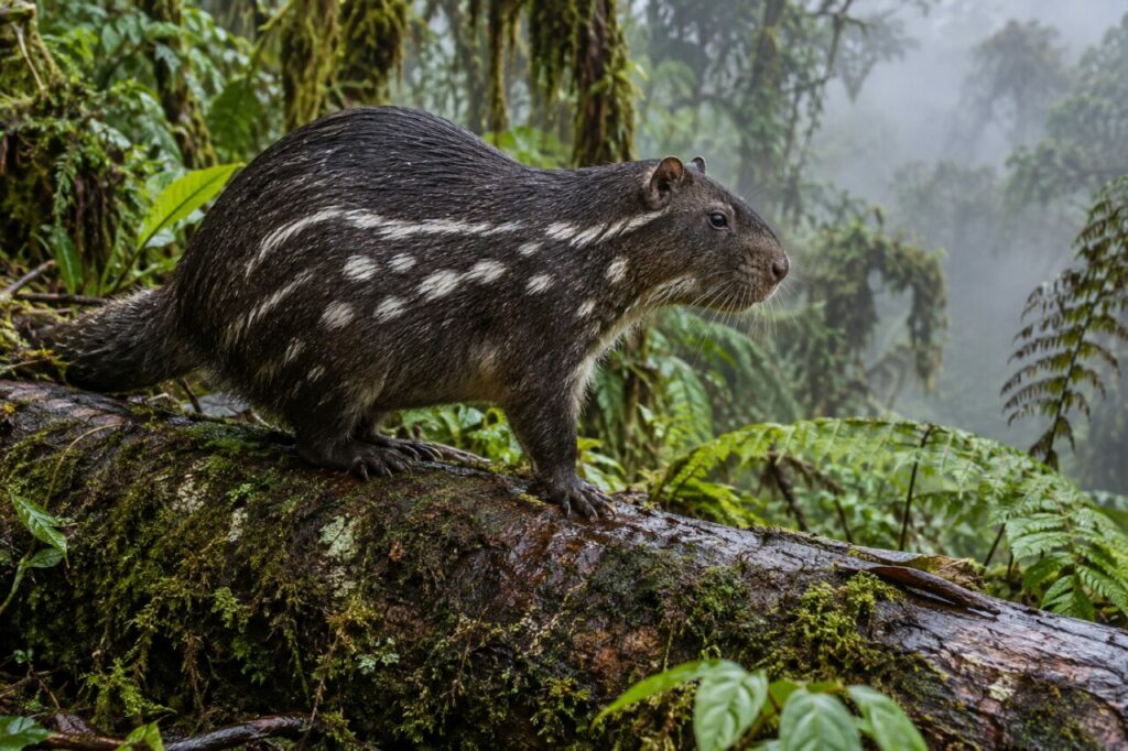 Après la pluie, un pacarana veille sur un tronc de la forêt nuageuse