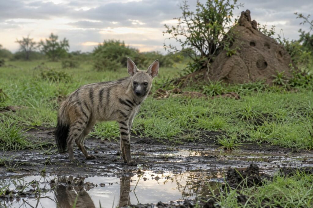 Après l’averse, protèle africain sur un sol humide (Proteles cristata)