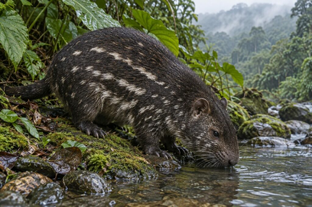 Au bord d’un ruisseau andin, un pacarana étanche sa soif
