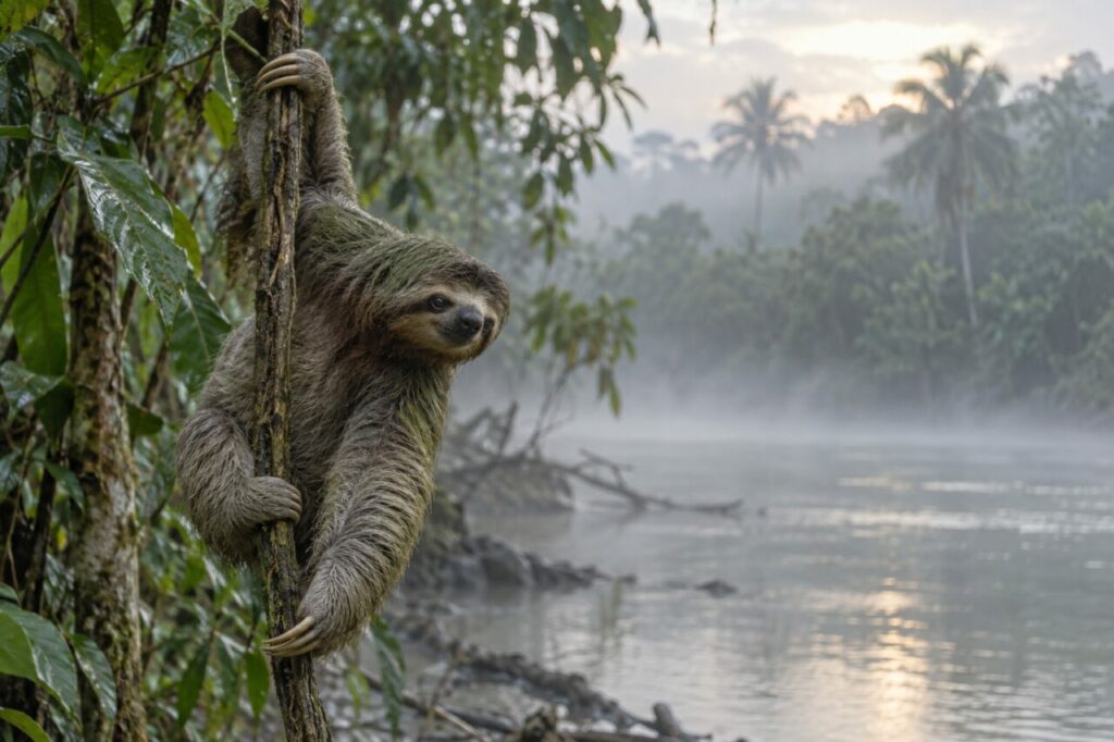 Brume du fleuve — paresseux à gorge brune (Bradypus variegatus) suspendu à une liane au-dessus de l’eau