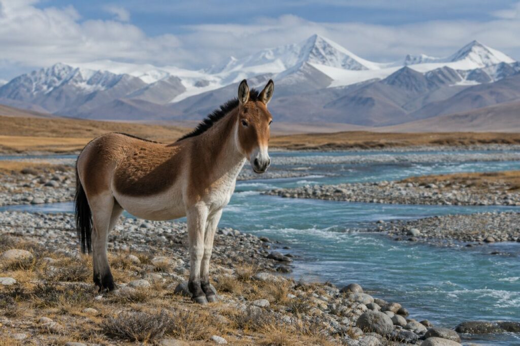Au bord du torrent, kiang du Tibet près des glaciers