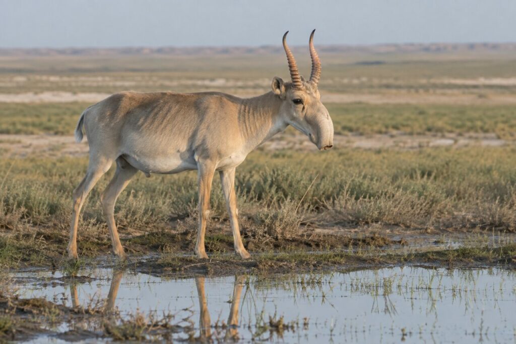 Au bord d’une mare de steppe, un saïga mâle avance sur la berge humide