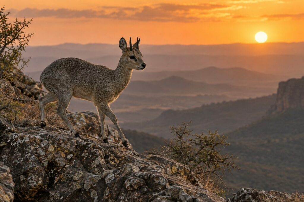 Au couchant, klipspringer sur la crête rocheuse