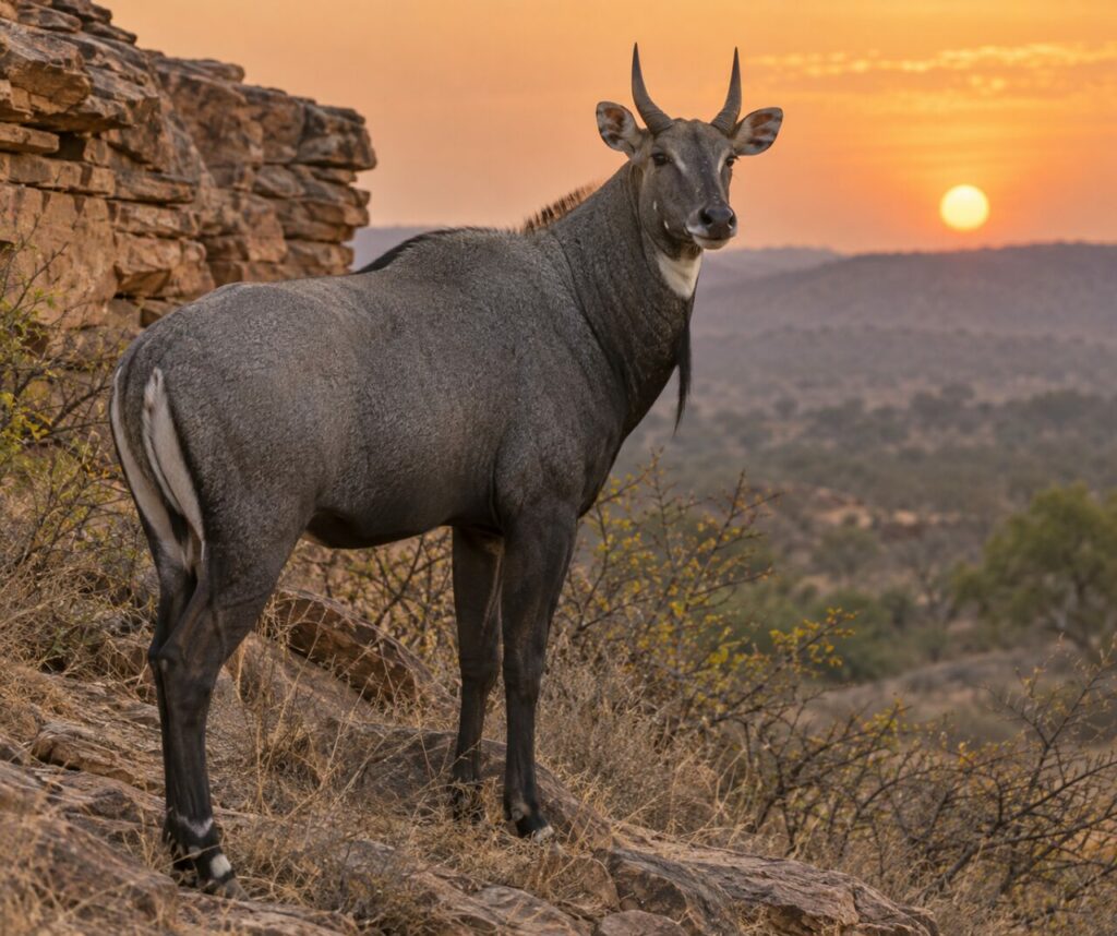 Au couchant, nilgai mâle devant les rochers de grès
