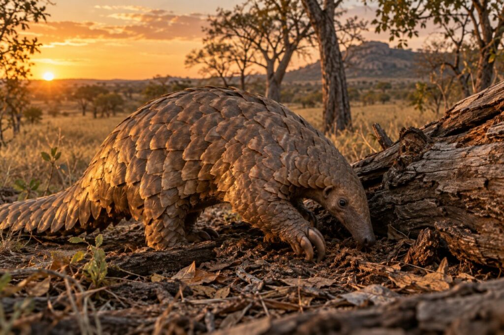 Au couchant — pangolin géant (Smutsia gigantea) près d’un tronc tombé dans une savane boisée