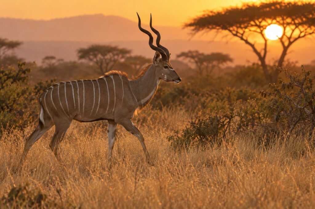 Au couchant, petit koudou dans la savane dorée