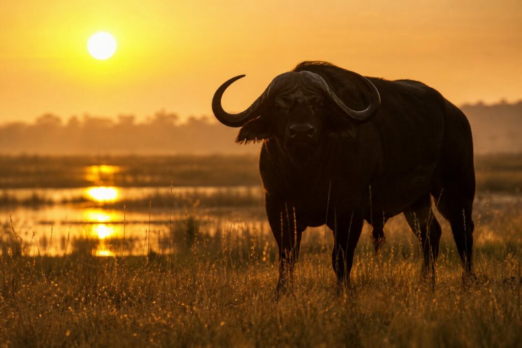 Au coucher du soleil, African buffalo dans les herbes dorées