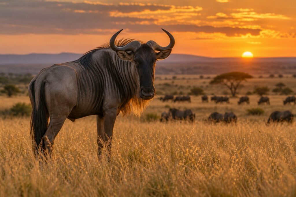 Au coucher du soleil, blue wildebeest dans les herbes dorées