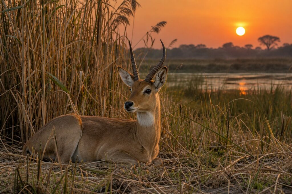 Au coucher du soleil, cobe des roseaux parmi les roseaux secs