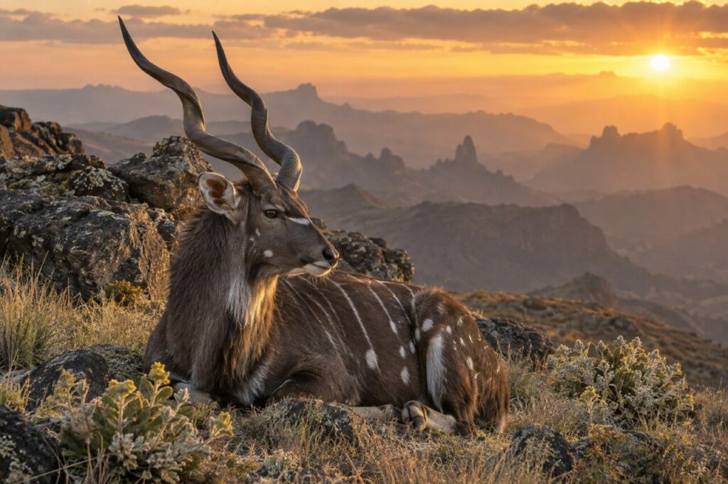 Au coucher du soleil, nyala de montagne près des roches volcaniques