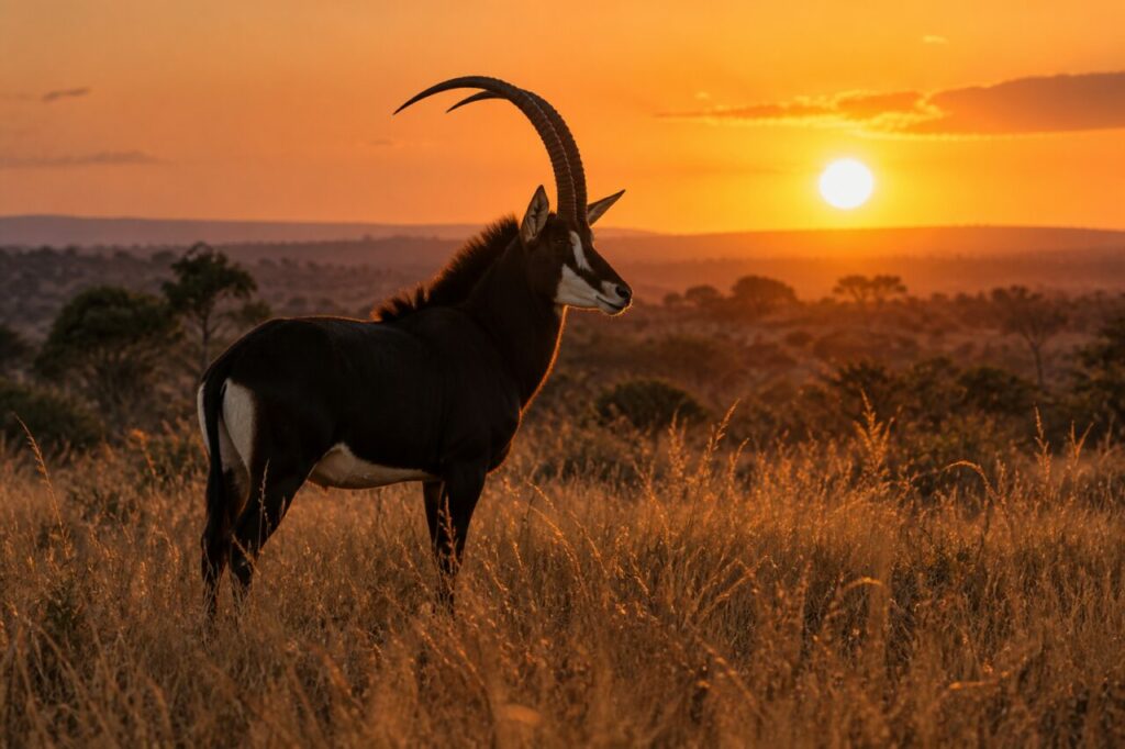 Au coucher du soleil, sable antelope dans les herbes dorées