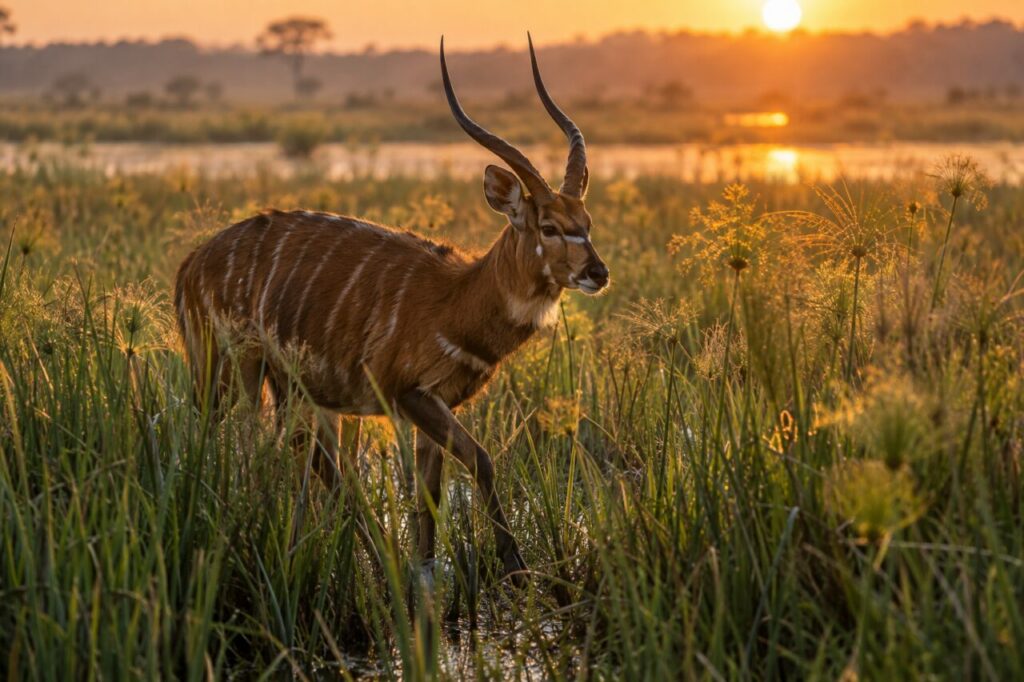 Au coucher du soleil, sitatunga dans les herbes dorées
